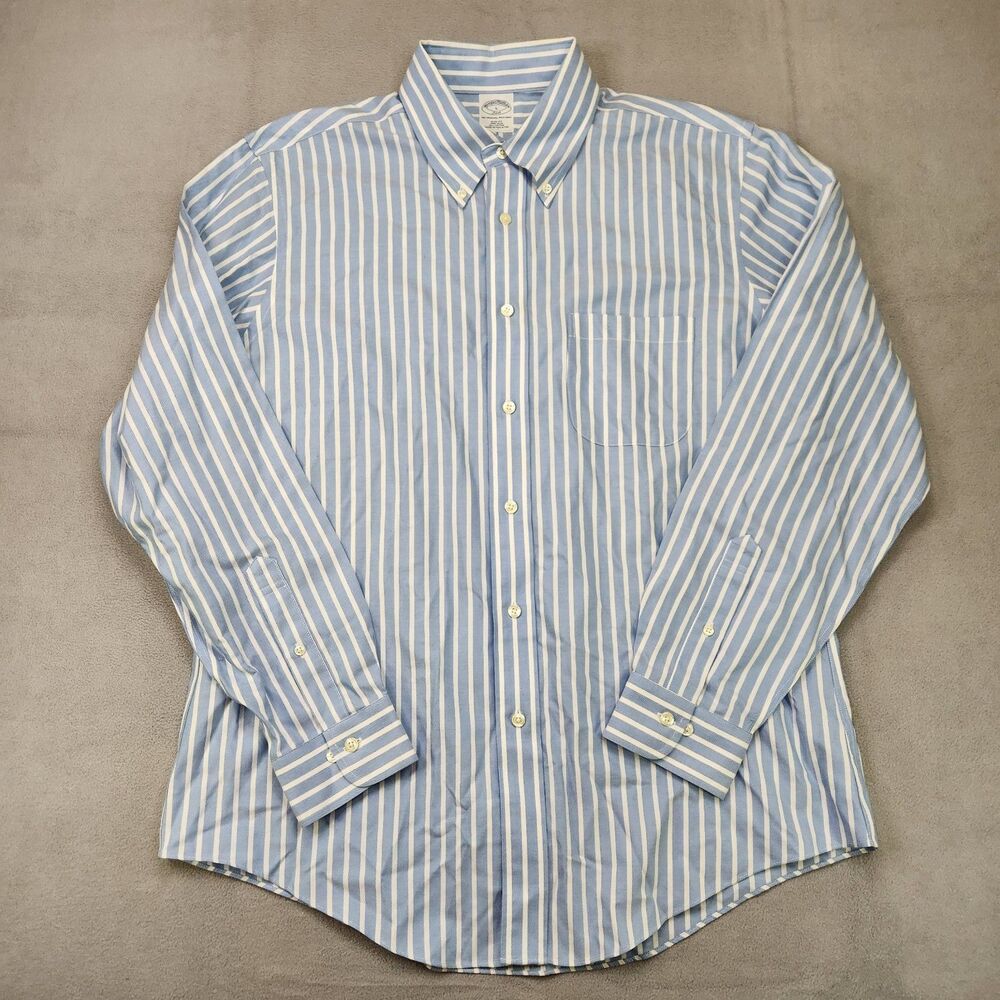 Brooks Brothers 346 Slim Button Down Shirt Men L Blue White Striped Long Sleeve